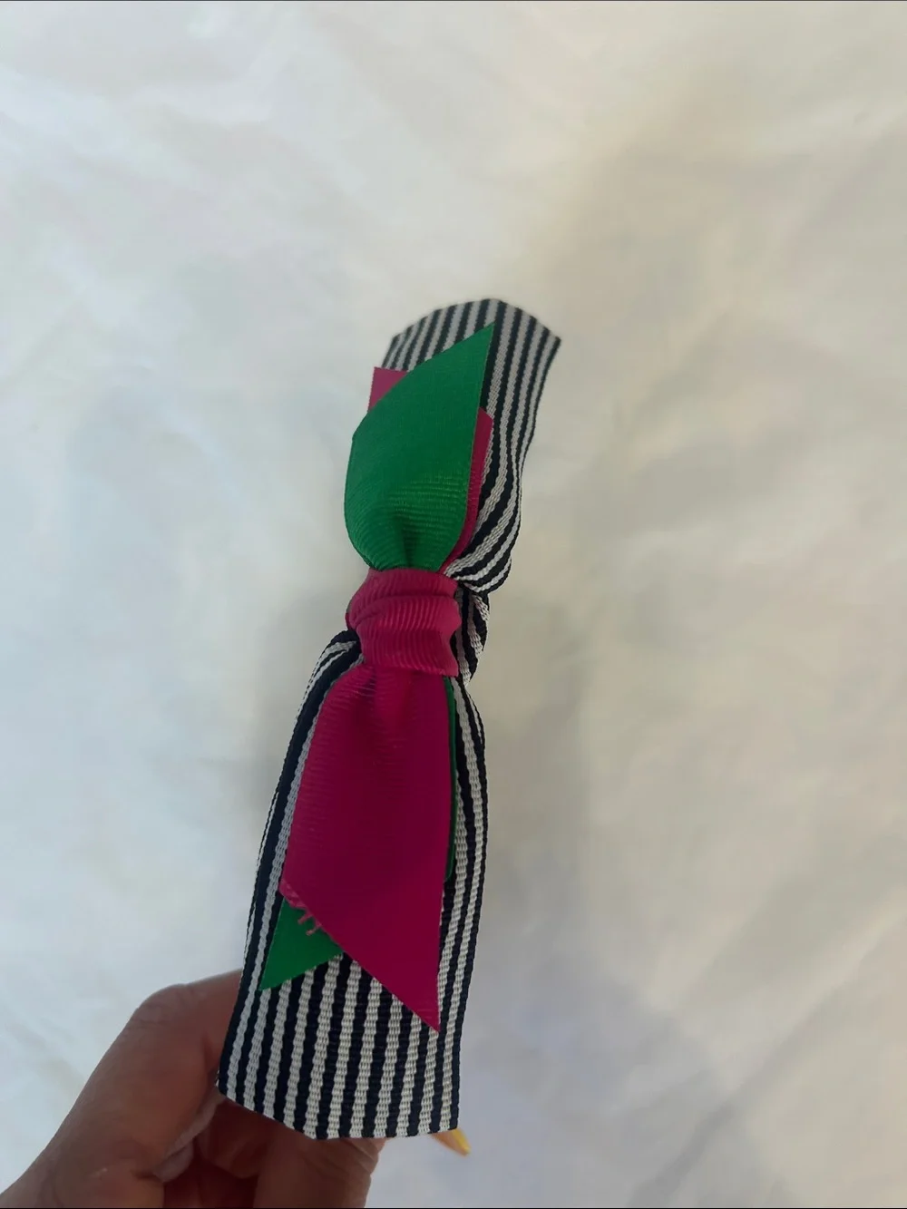 Gymboree Black Headband with Striped Bow and Pink & Green Ribbon
